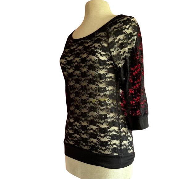 Womens Top Size Medium Black Lace Sheer Biker Layering Soft Goth Office Party - Picture 6 of 8